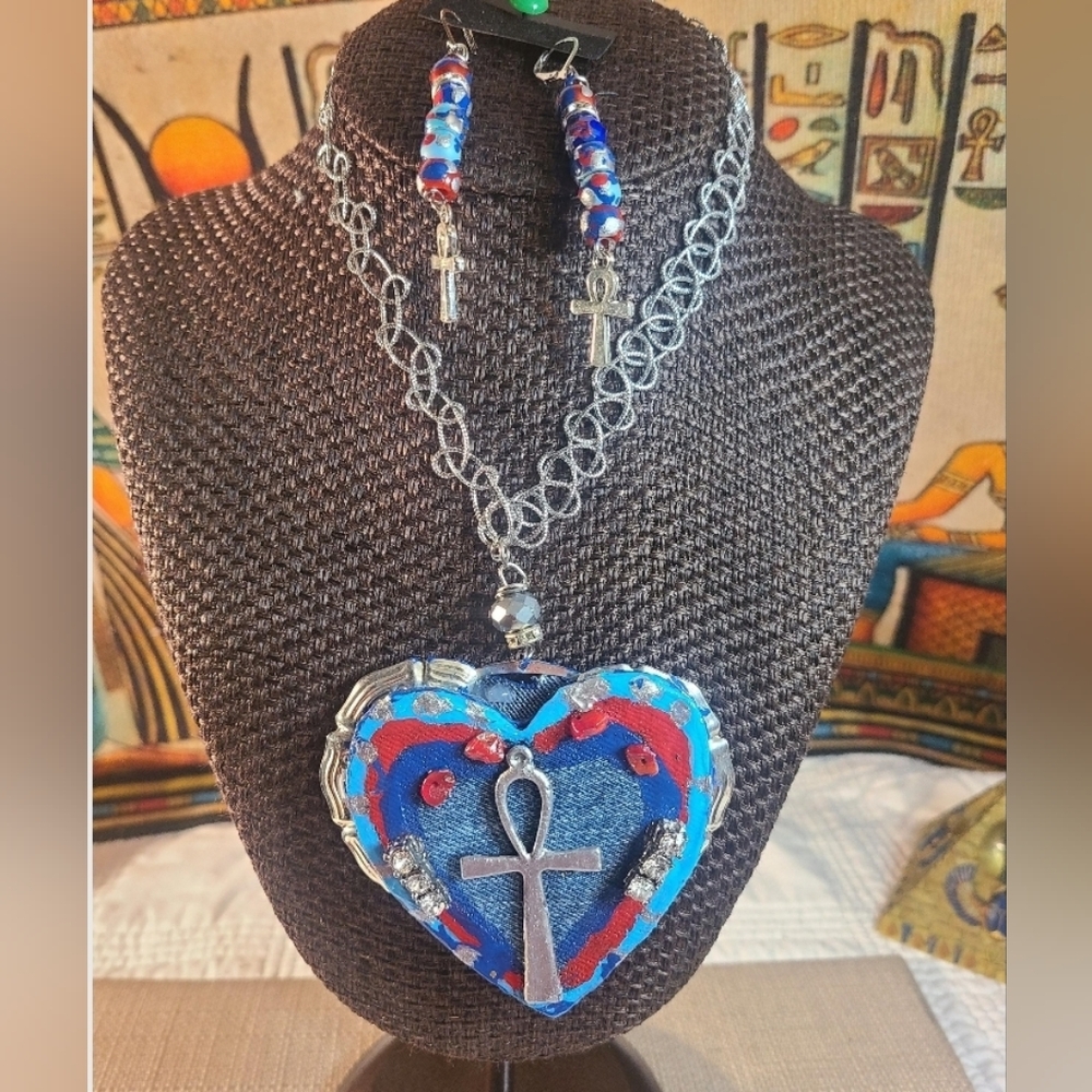 Silver and Blue Heart Pendant Tattoo Choker and Earring Set
